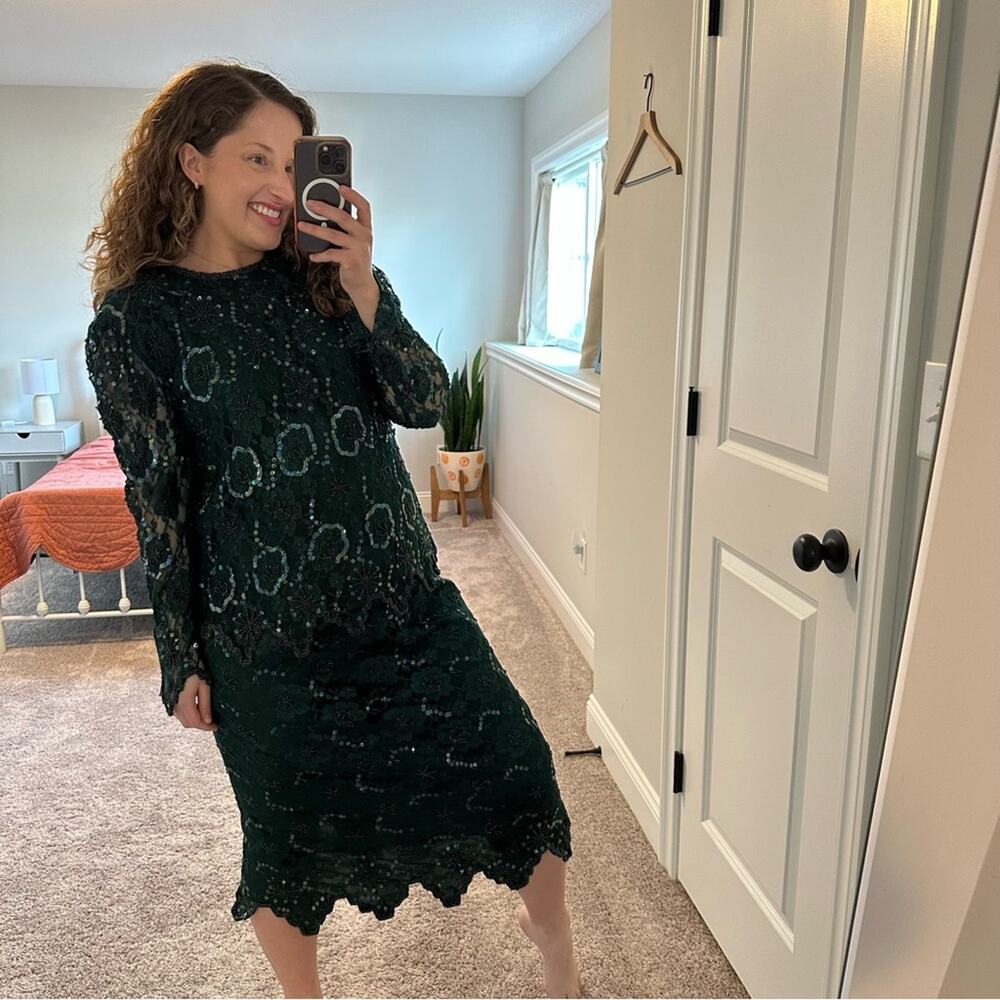 Vintage Laurence Kazar Green Beaded Sequin Shirt and Skirt Set PL - Picture 4 of 16